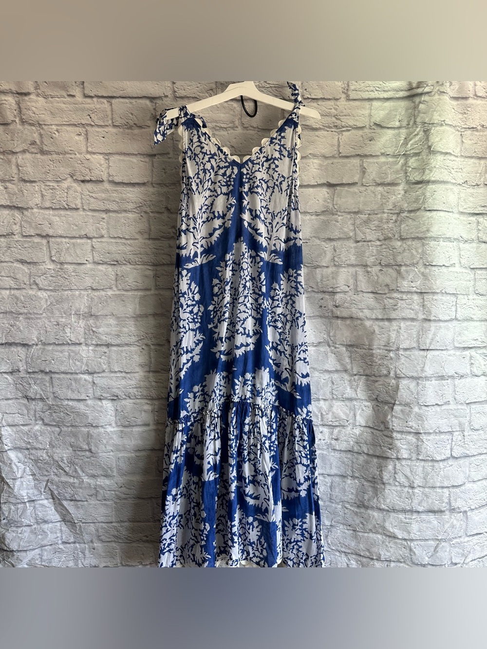 NEW JULIET DUNN LONDON BLUE WHITE TIE SHOULDER MAXI DRESS RUFFLE HEM ONE SZ $295